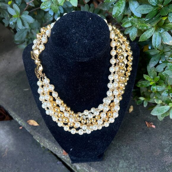 Vintage 80s Carol Lee Multistrand Faux Pearl and Gold Bead Necklace Bow Clasp - Picture 9 of 10